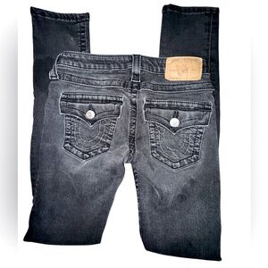 Black size 25 True Religion Low Rise Skinny Jeans Upscale Denim Faded Flap Sexy